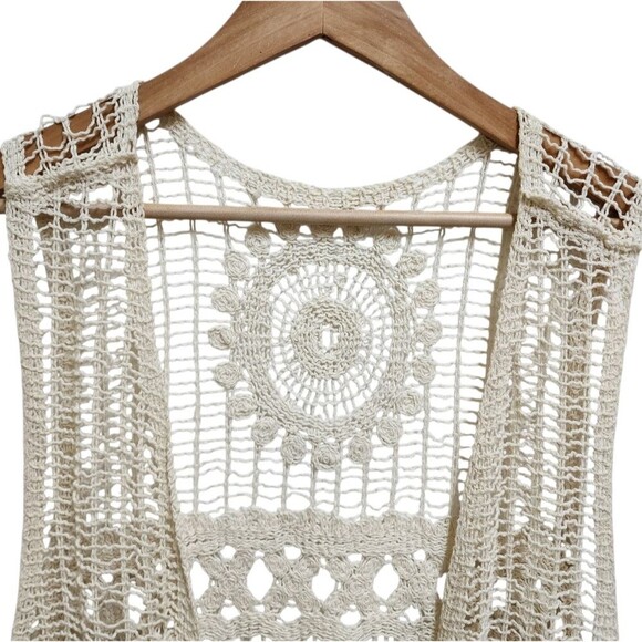 Crochet Vest Womens OS Beige Crochet Lace Hem Sleeveless Open Front Boho Hippie - Picture 3 of 9